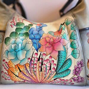 Large Anuschka leather hand/shoulder bag. Real leather w/ wallet + cc holder